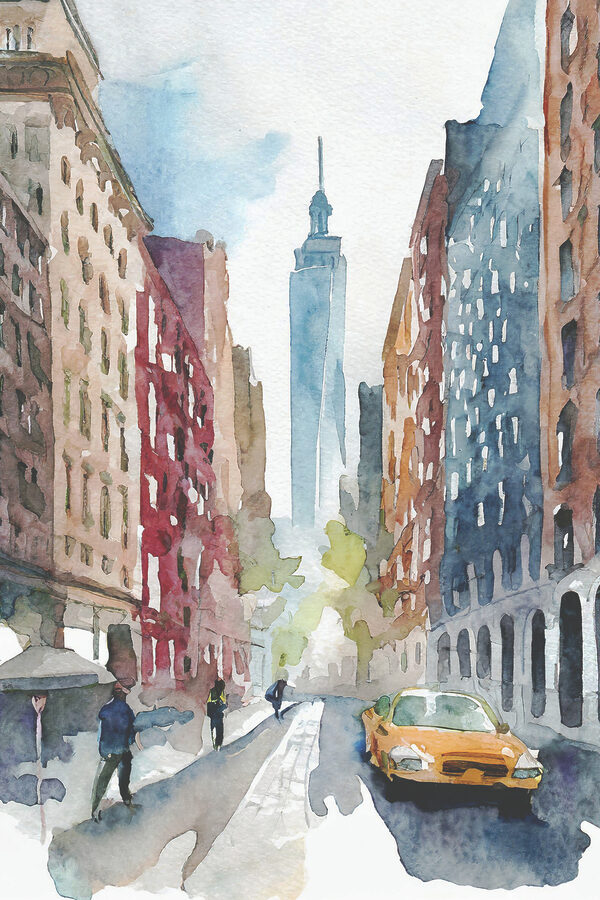 Watercolor of a street with buildings and a tall tower in the background
