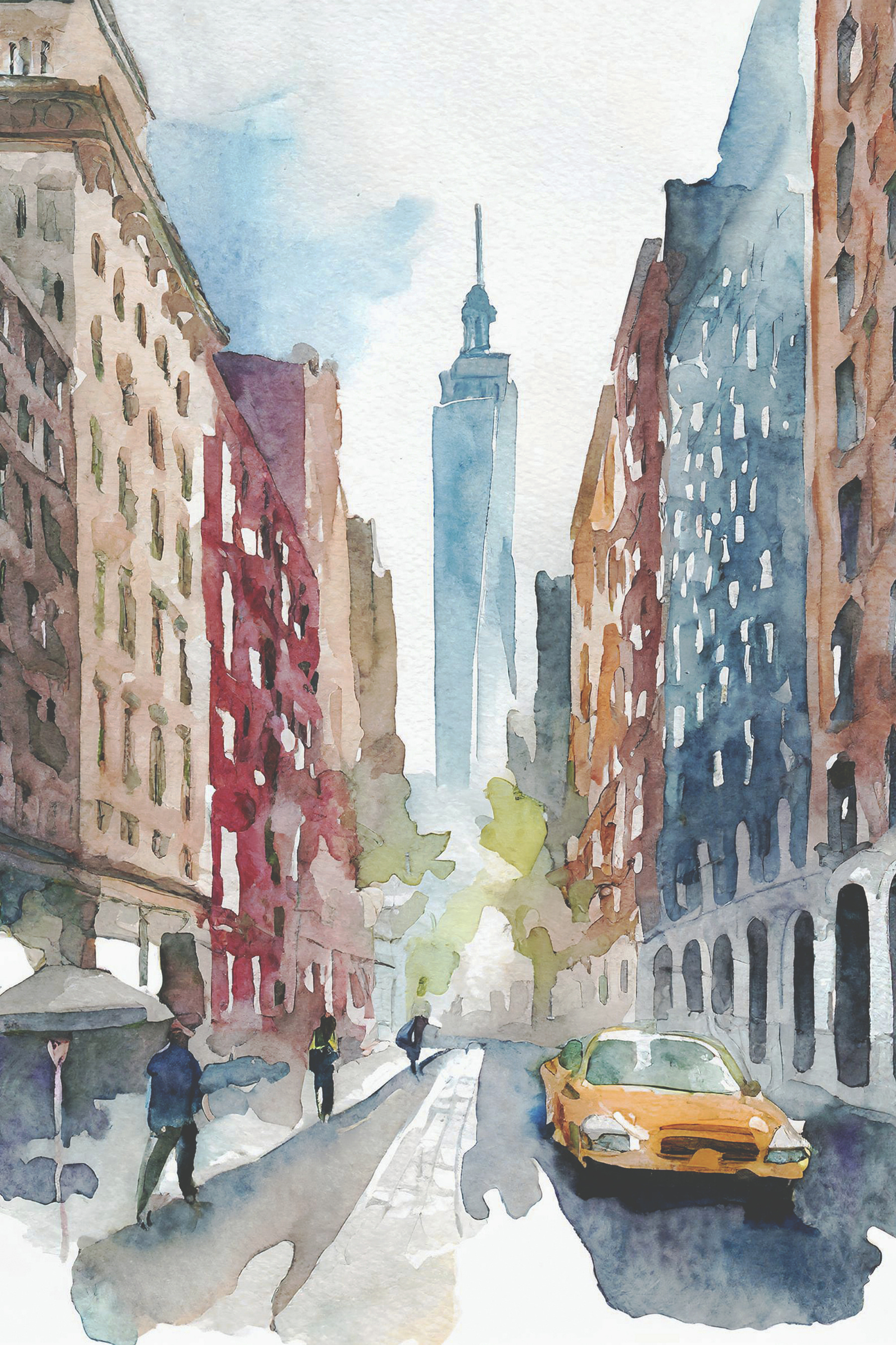 Watercolor of a street with buildings and a tall tower in the background