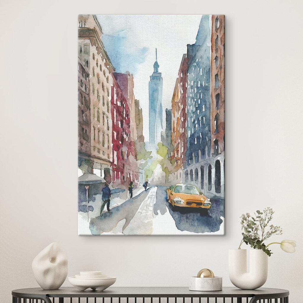 Watercolor of a street with buildings and a tall tower in the background