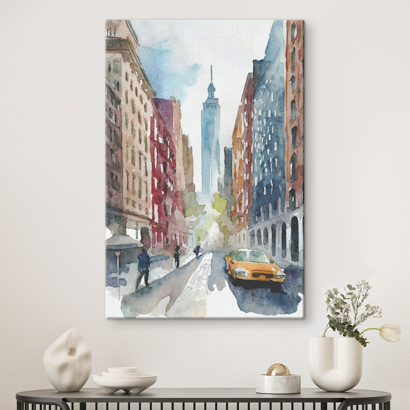 Watercolor of a street with buildings and a tall tower in the background