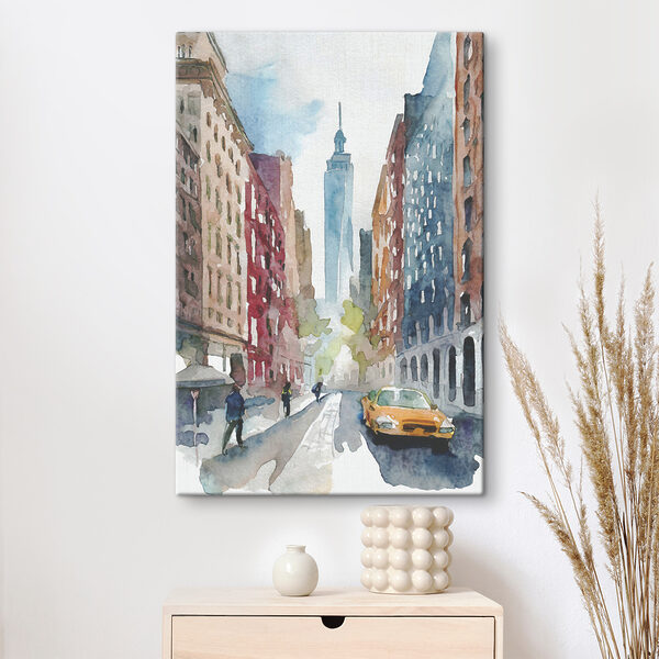 Watercolor of a street with buildings and a tall tower in the background