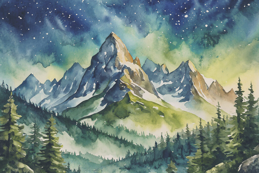 Watercolor painting of mountains and trees and stars