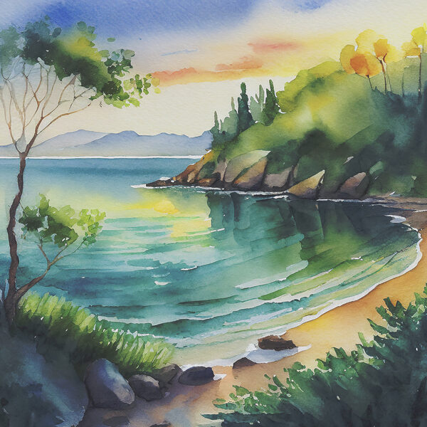 Watercolor painting of a beach and trees