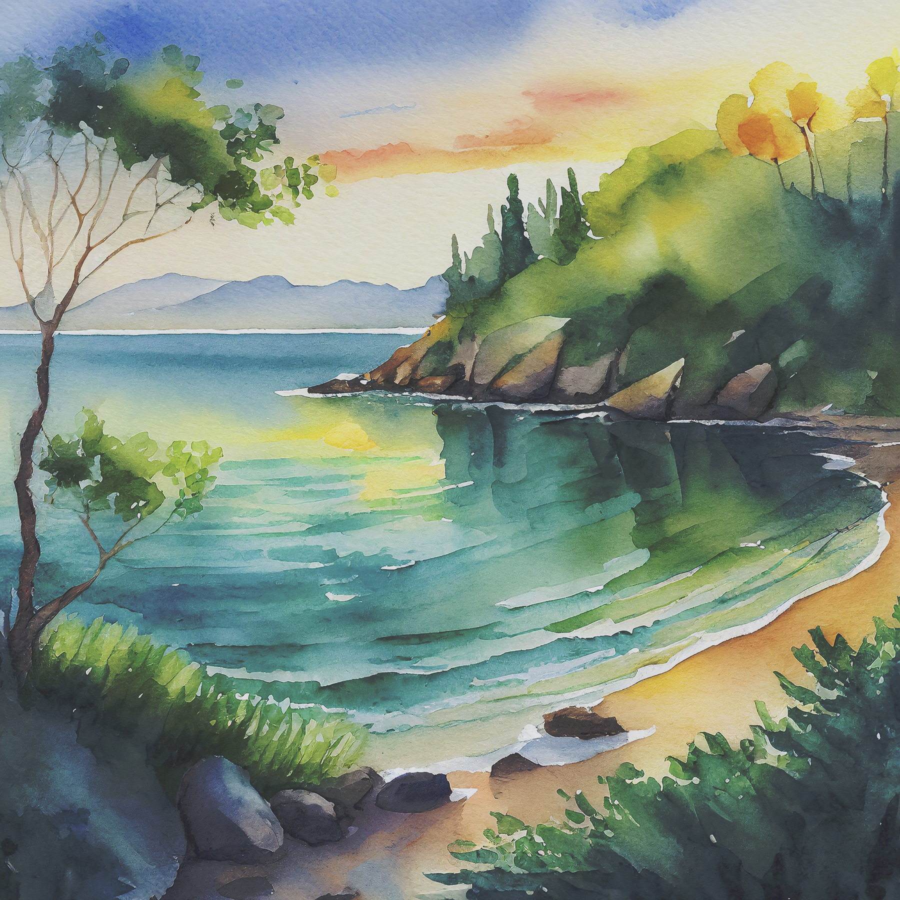 Watercolor painting of a beach and trees