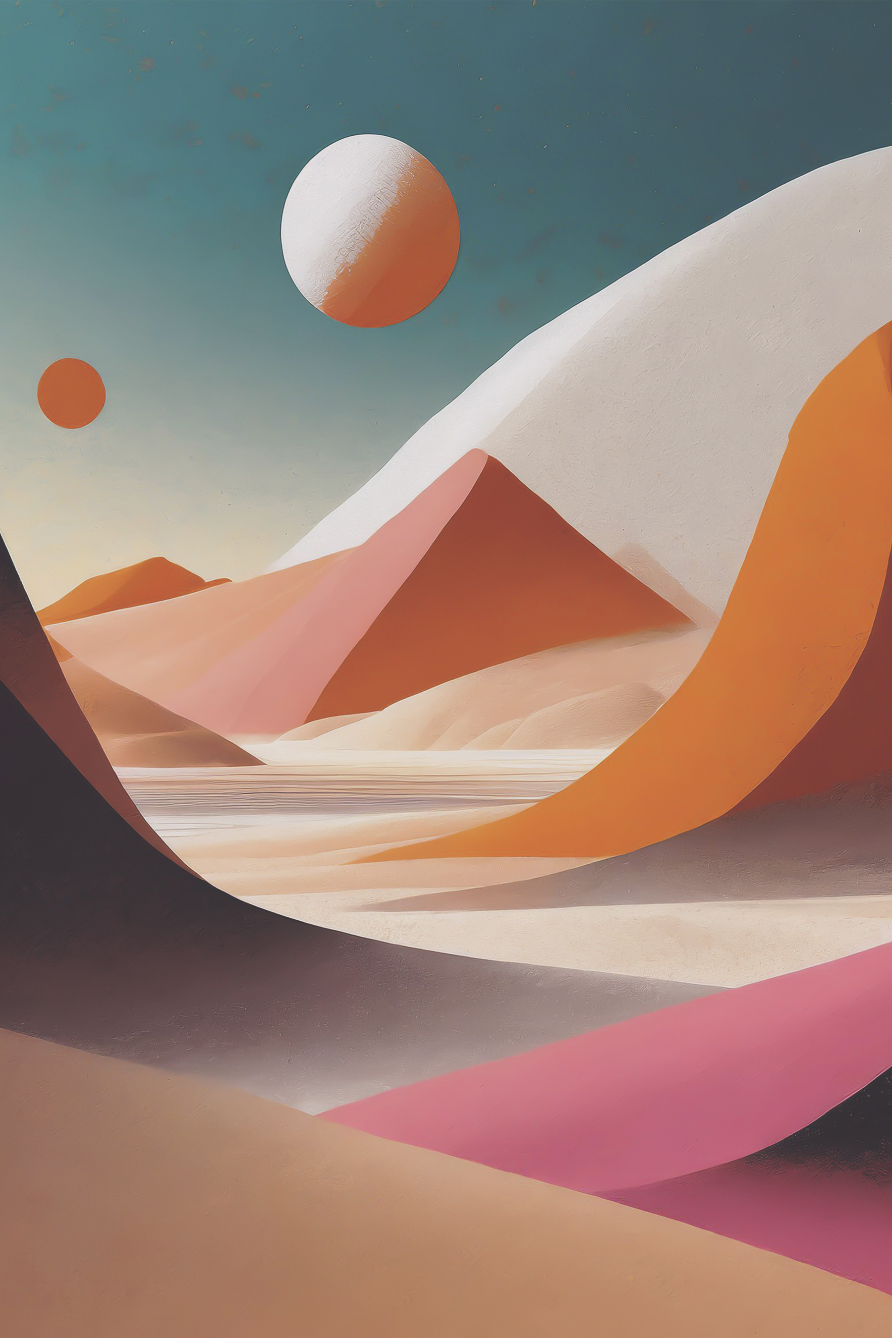 A desert landscape with sand hills and a body of water