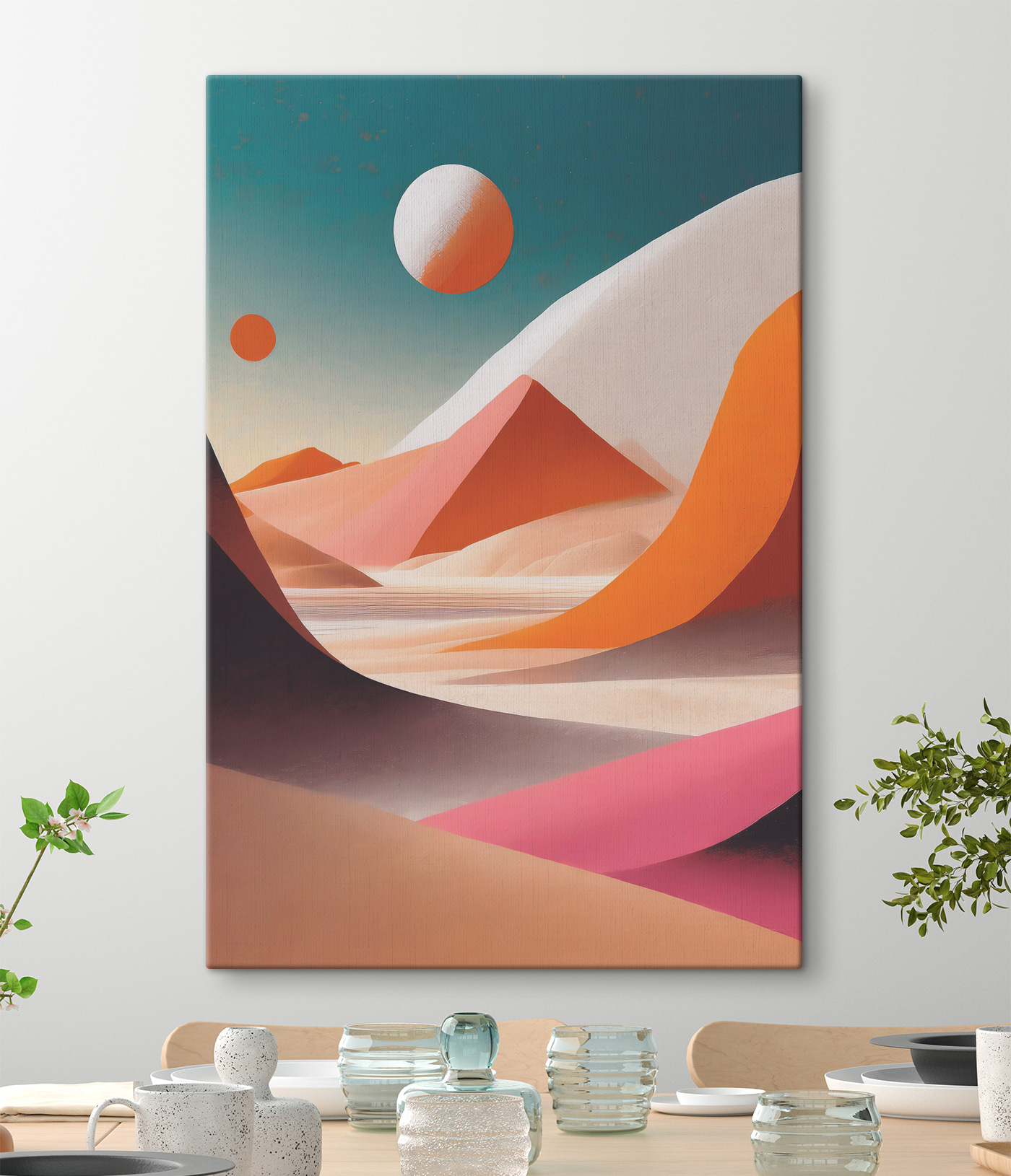 A desert landscape with sand hills and a body of water
