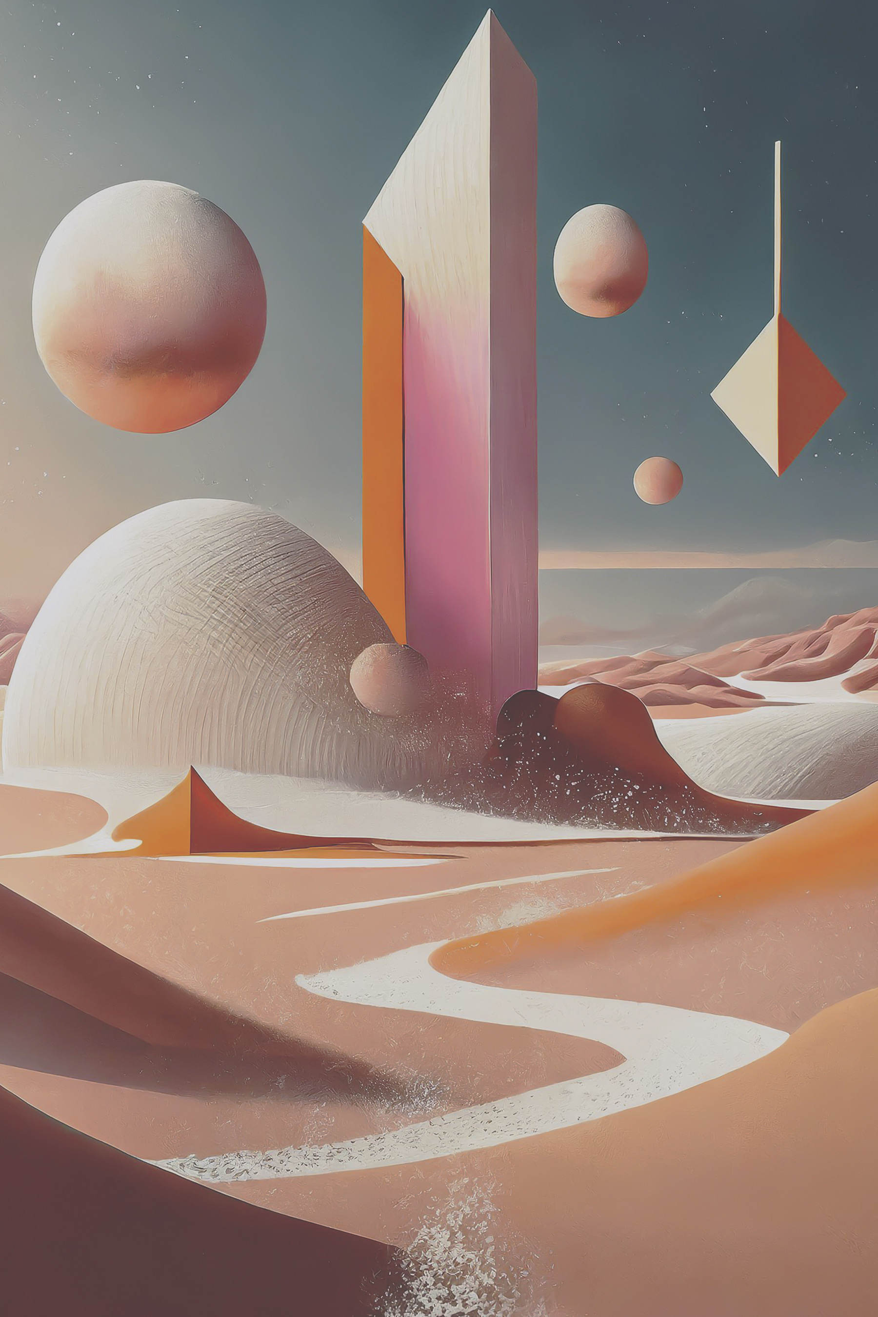 A desert landscape with a tower and geometric shapes