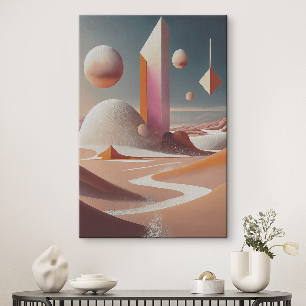 A desert landscape with a tower and geometric shapes