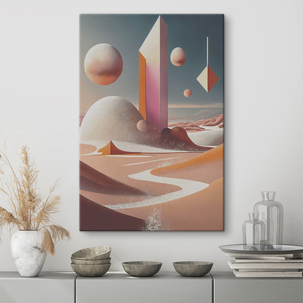 A desert landscape with a tower and geometric shapes