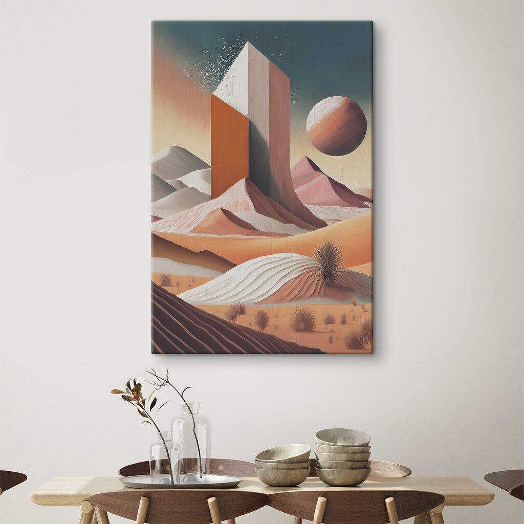 A desert landscape with a tall tower and a planet in the distance