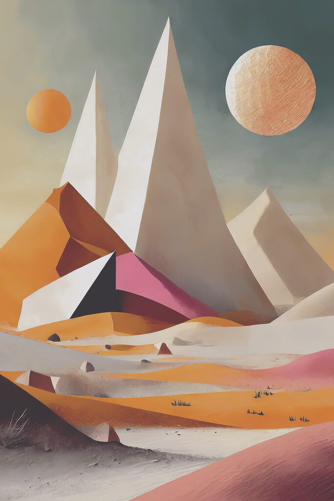 A desert with pyramids and sun
