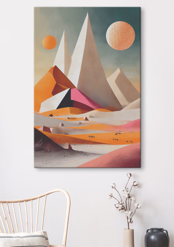 A desert with pyramids and sun