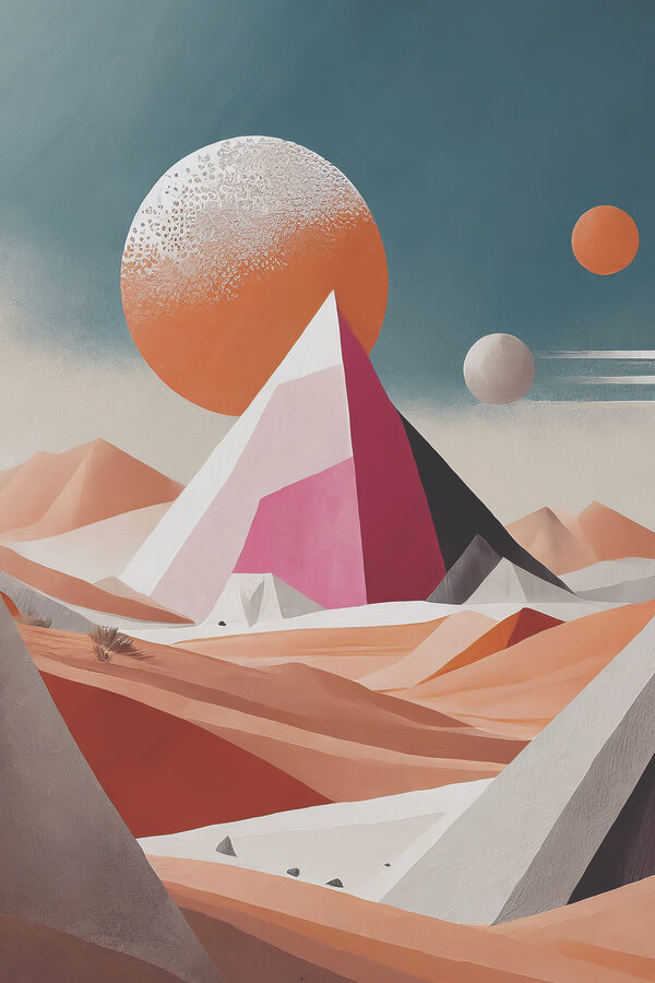 A painting of a desert landscape with a pyramid and sun