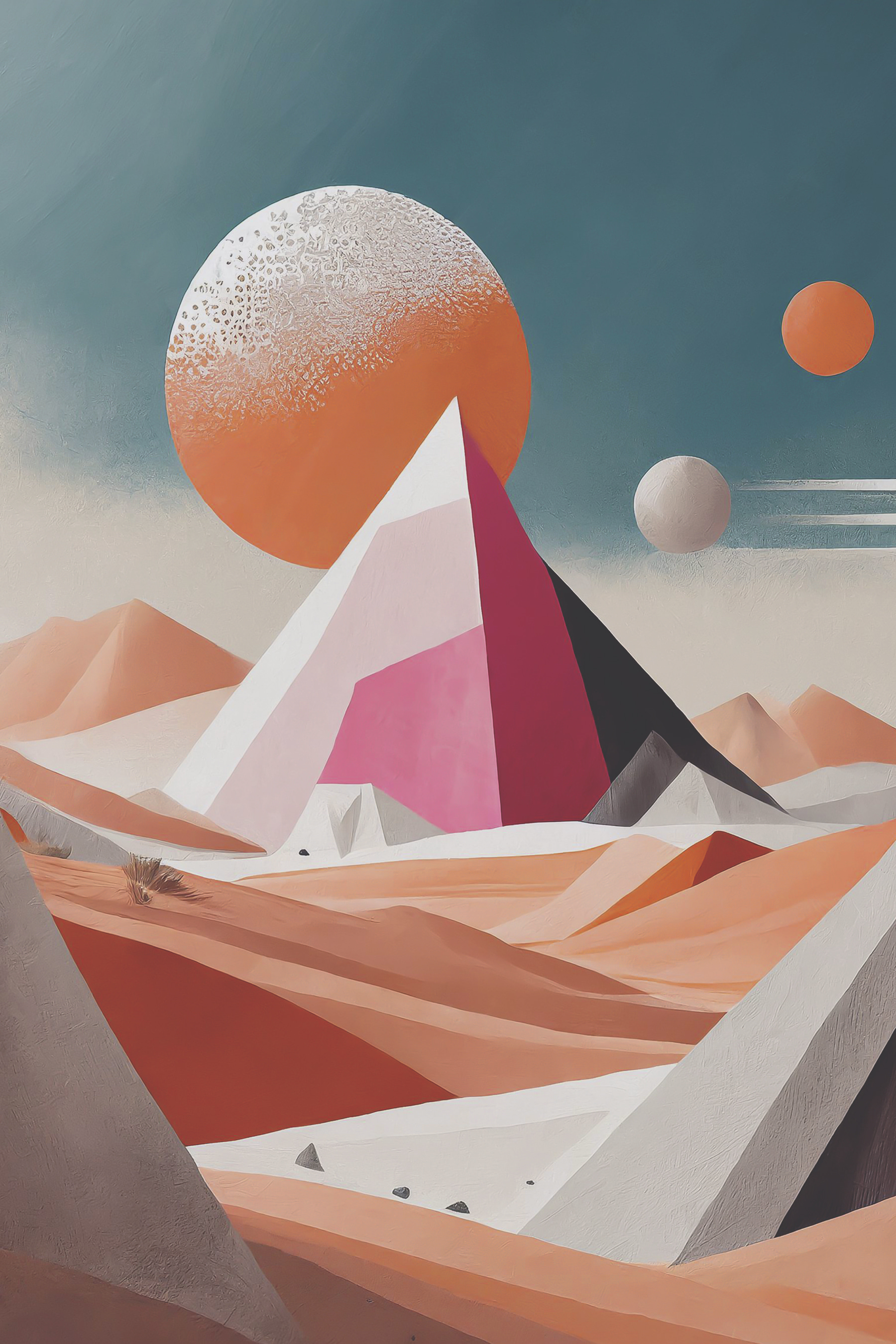 A painting of a desert landscape with a pyramid and sun