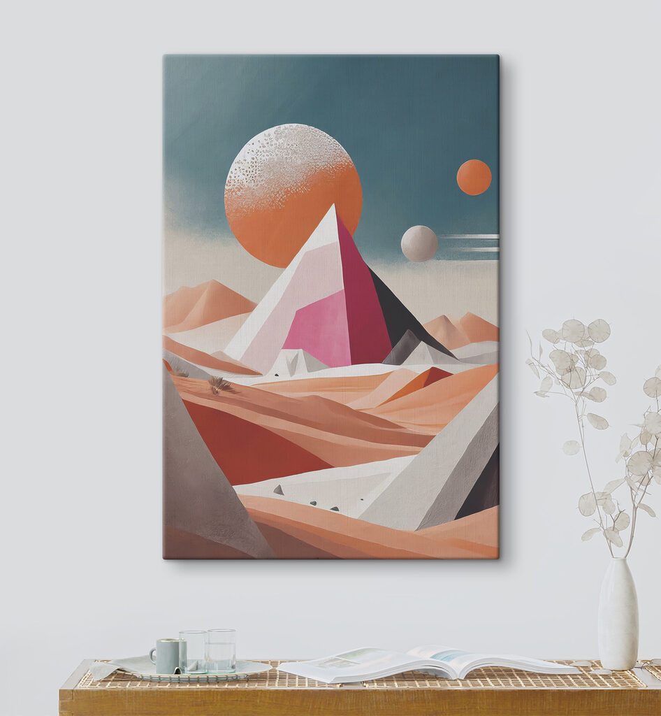 A painting of a desert landscape with a pyramid and sun