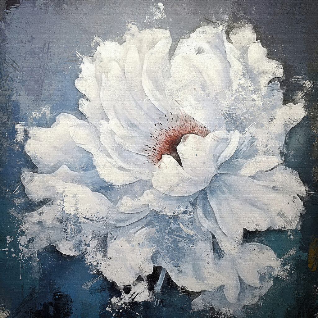 A white flower with a red center