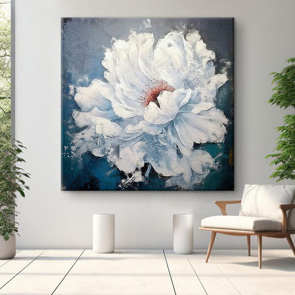 A white flower with a red center