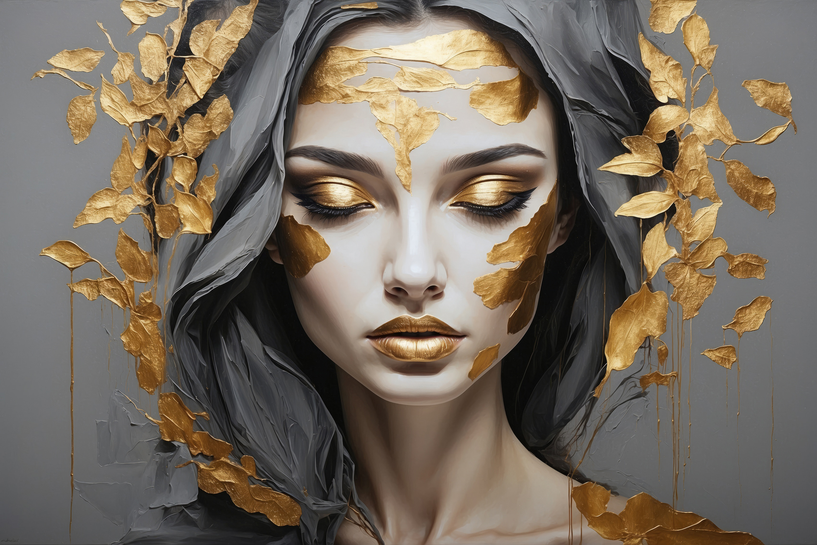 Ethereal beauty adorned in metallic leaves Ethereal beauty adorned in metallic leaves