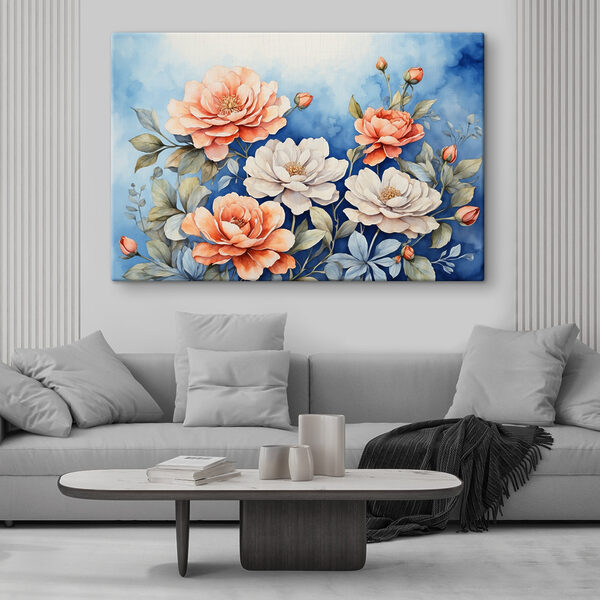 A painting of flowers on a blue background