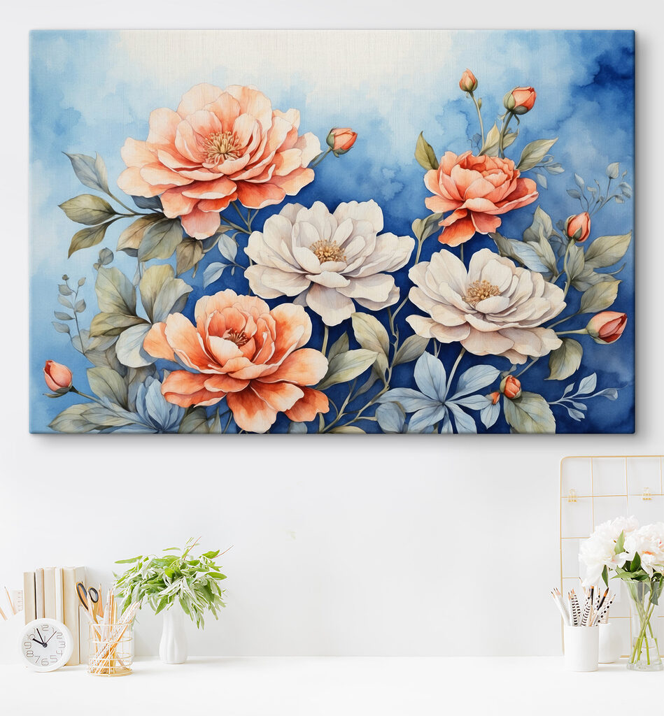 A painting of flowers on a blue background