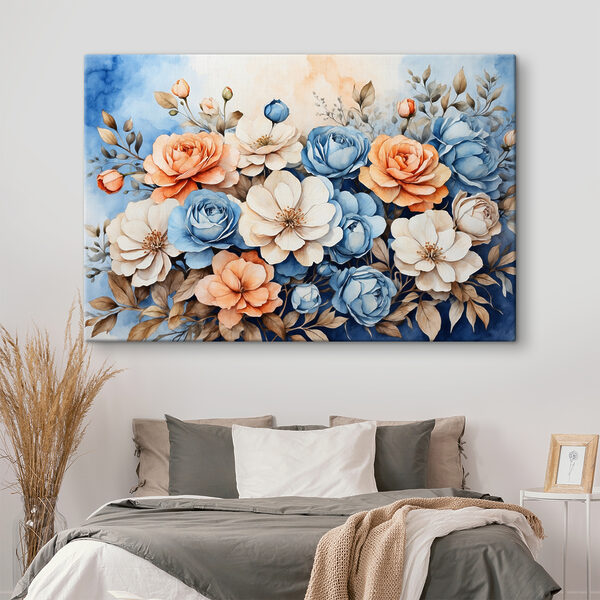 A painting of flowers on a blue background A painting of flowers on a blue background