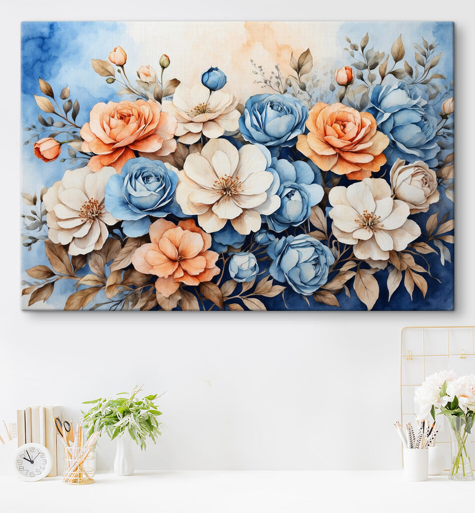 A painting of flowers on a blue background A painting of flowers on a blue background