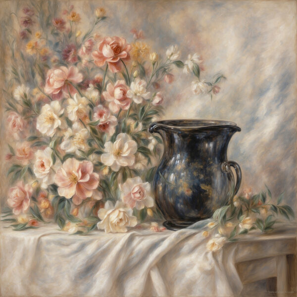 A painting of flowers and a vase A painting of flowers and a vase