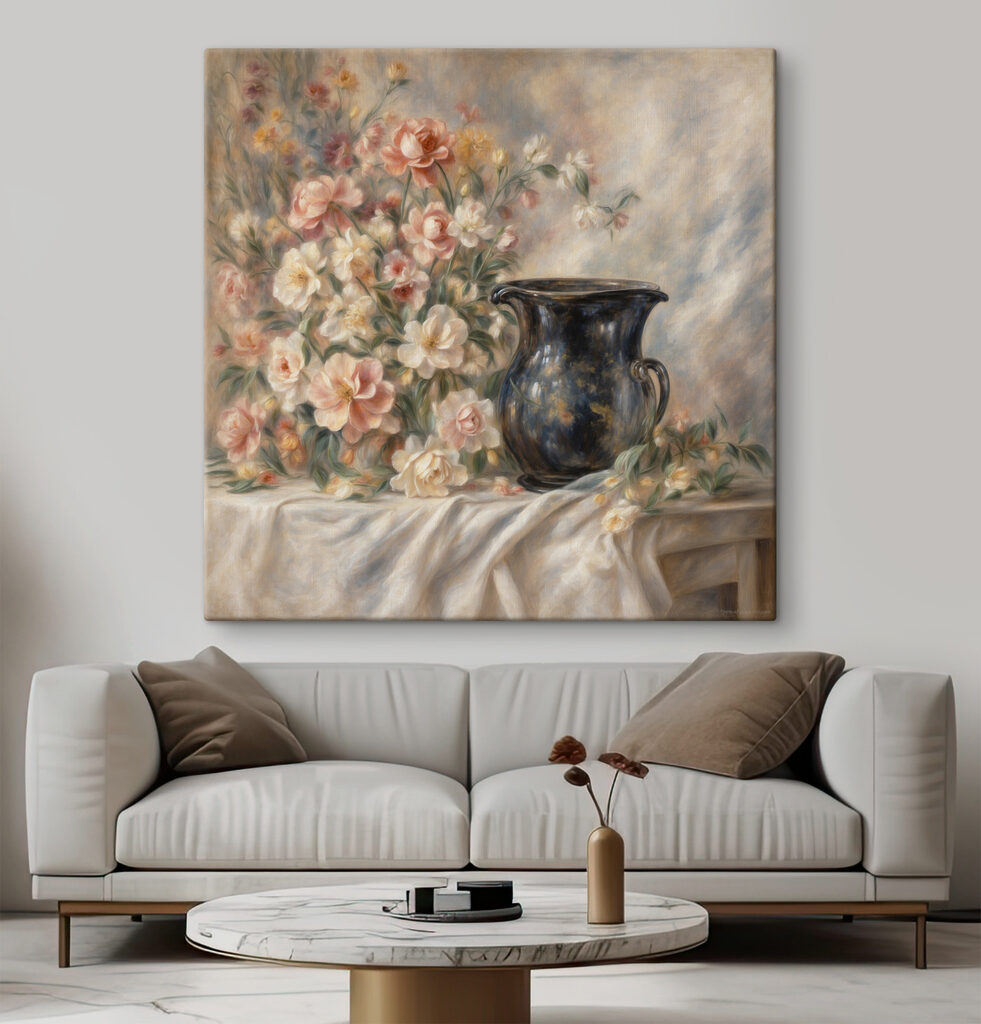 A painting of flowers and a vase A painting of flowers and a vase