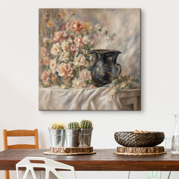 A painting of flowers and a vase A painting of flowers and a vase