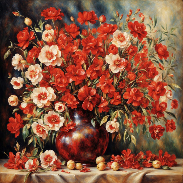 A painting of flowers in a vase A painting of flowers in a vase