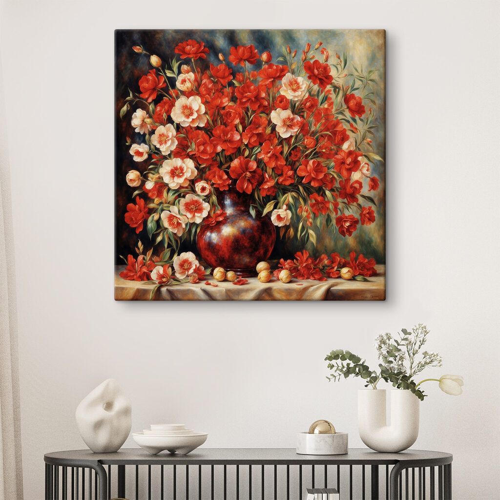 A painting of flowers in a vase A painting of flowers in a vase