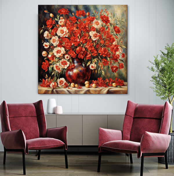 A painting of flowers in a vase A painting of flowers in a vase