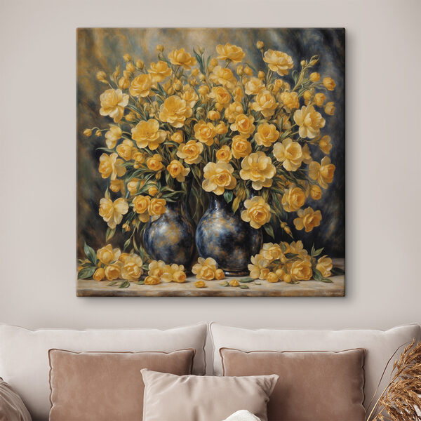 A painting of yellow flowers in a vase