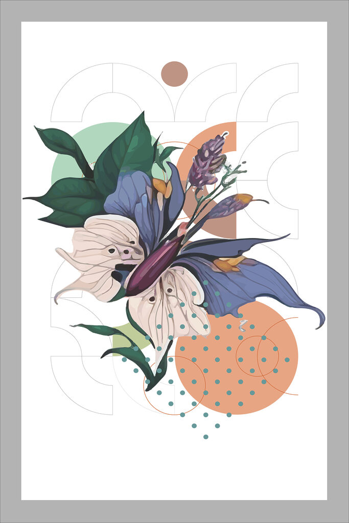 A flower with leaves and dots