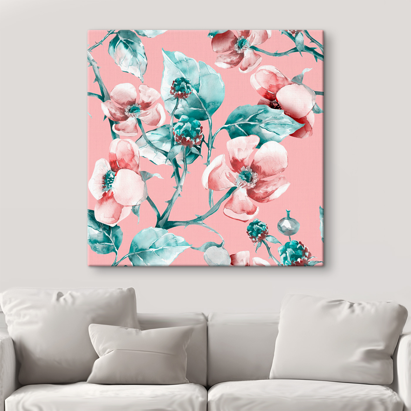 A watercolor painting of flowers and leaves