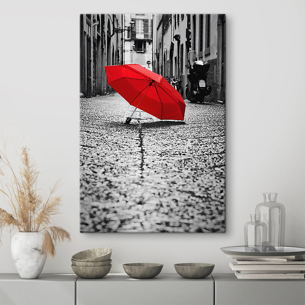 A red umbrella on a street A red umbrella on a street