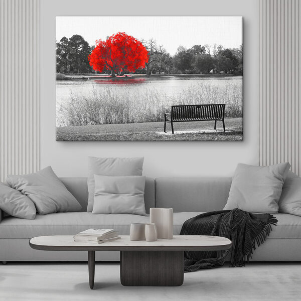 Cuadros Un banco junto a un lago con un árbol rojo (SKU: s37300) Cuadros Cuadros Un banco junto a un lago con un árbol rojo (SKU: s37300)