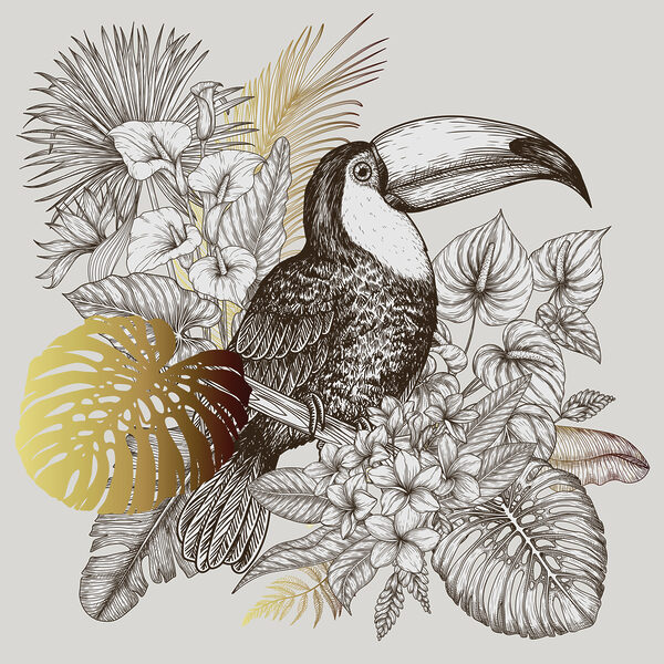 A toucan bird with leaves and flowers