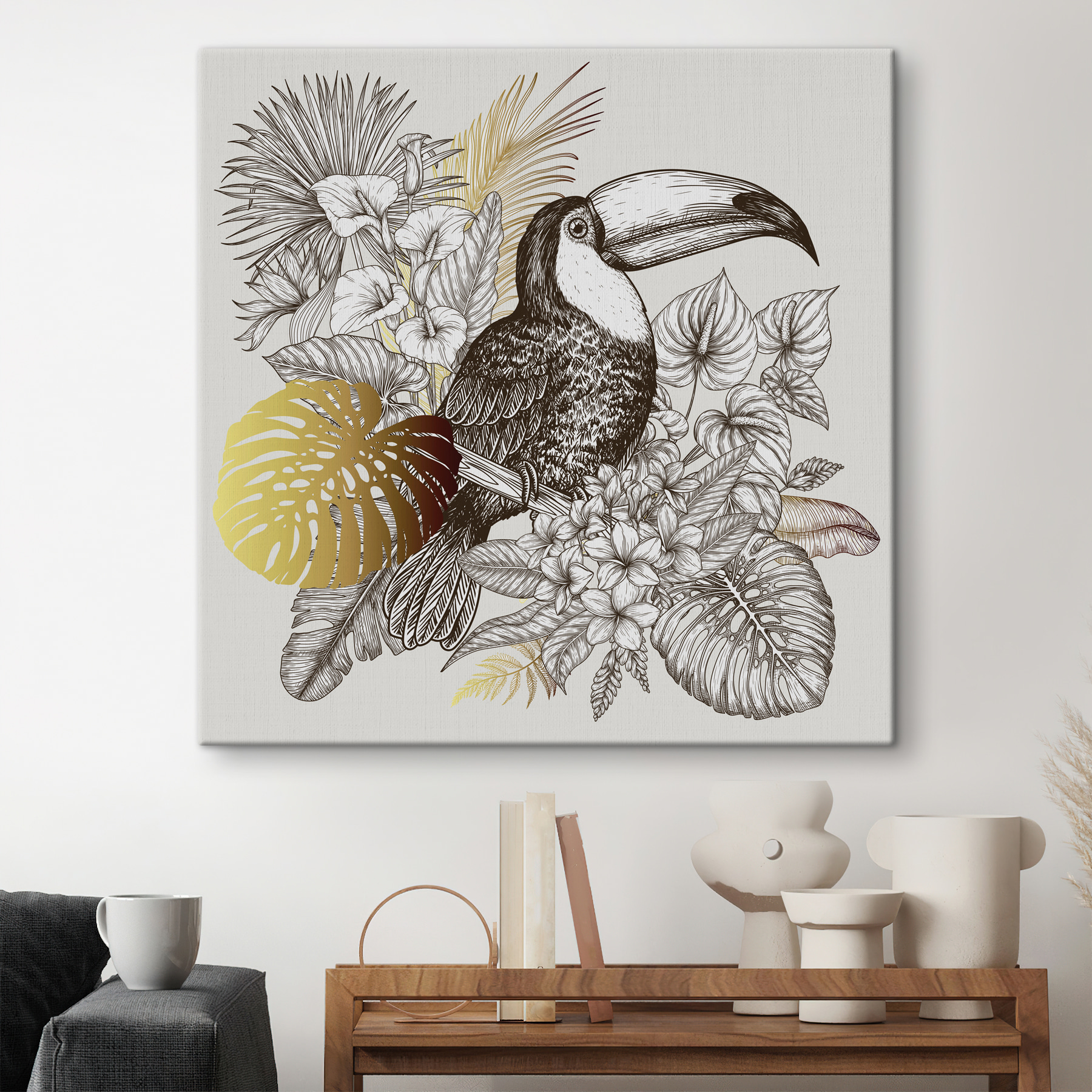 A toucan bird with leaves and flowers