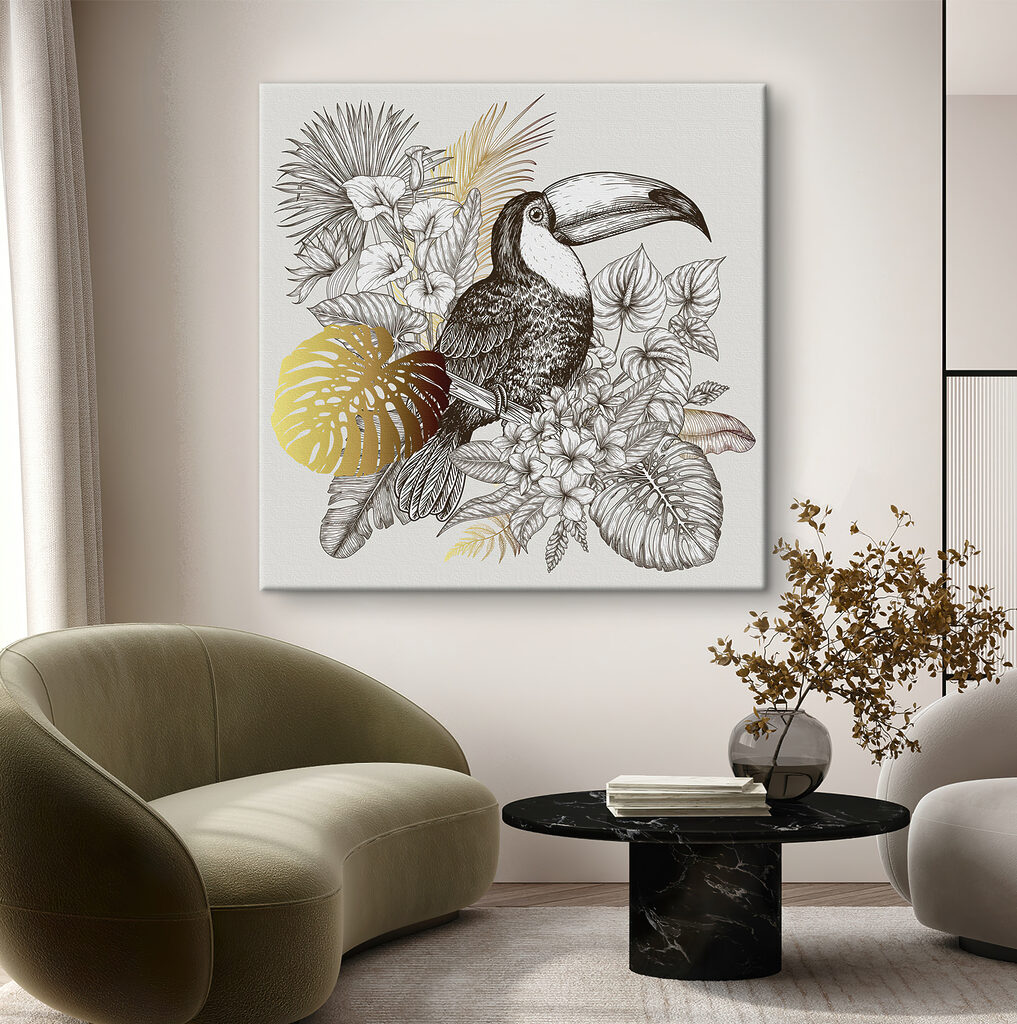 A toucan bird with leaves and flowers