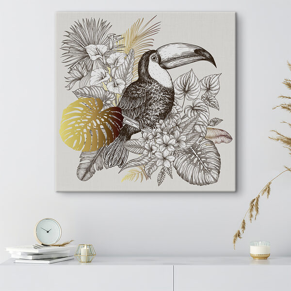 A toucan bird with leaves and flowers