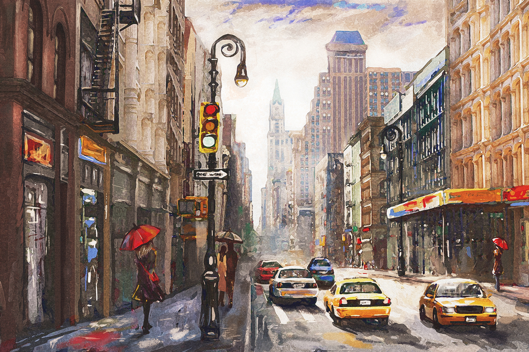 A watercolor of a city street with cars and people