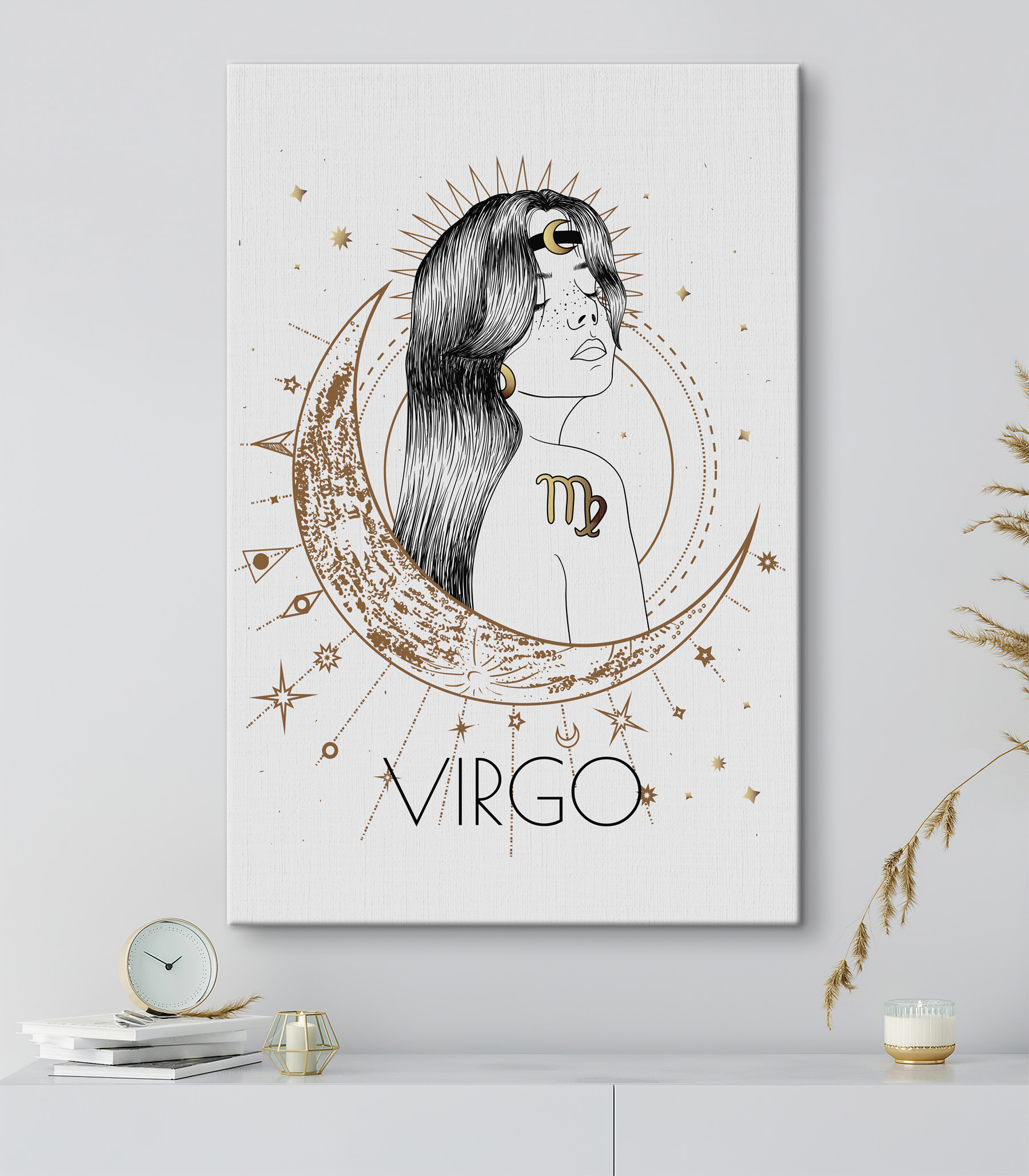 A drawing of a woman with a moon and stars