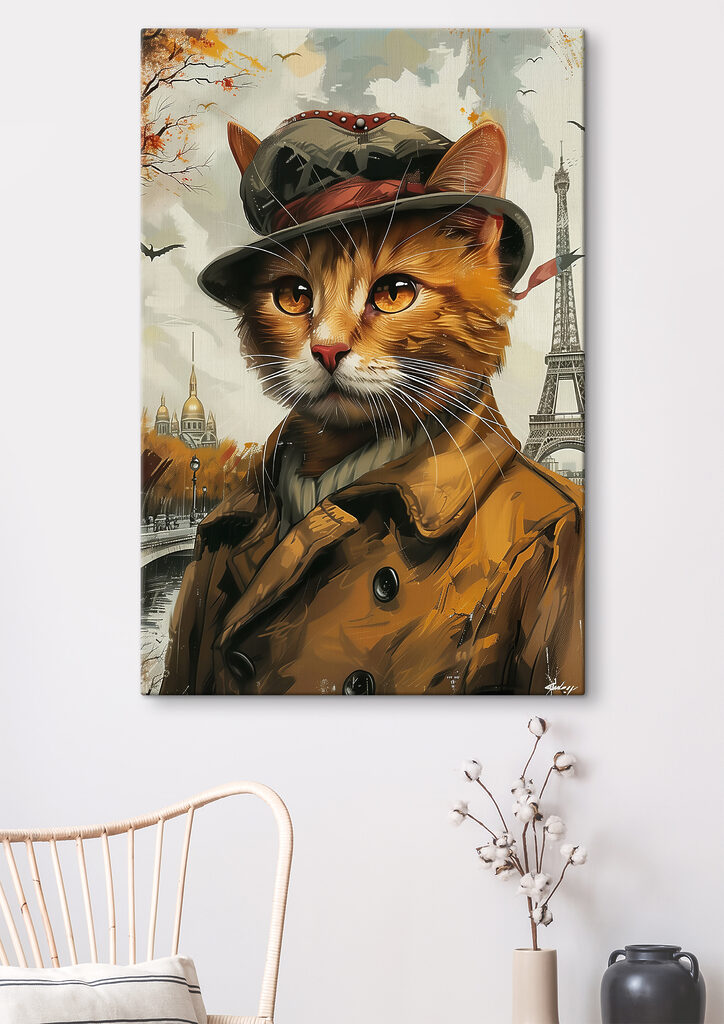 A cat wearing a hat and coat