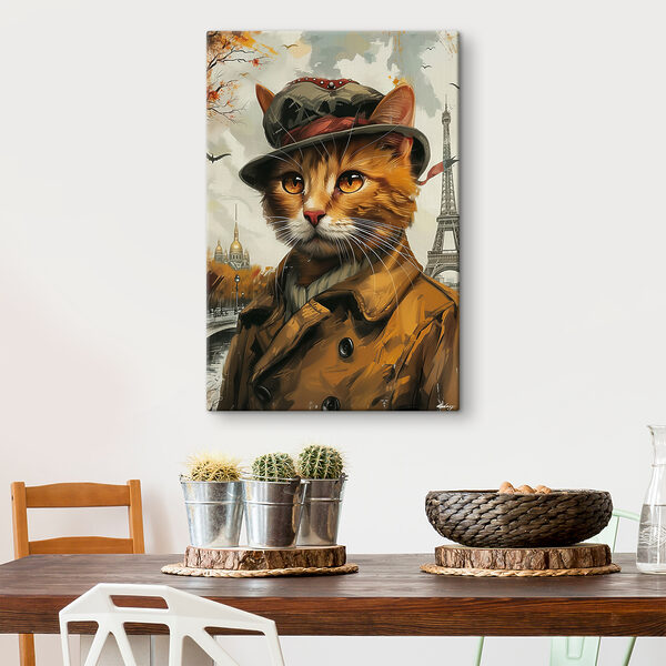 A cat wearing a hat and coat