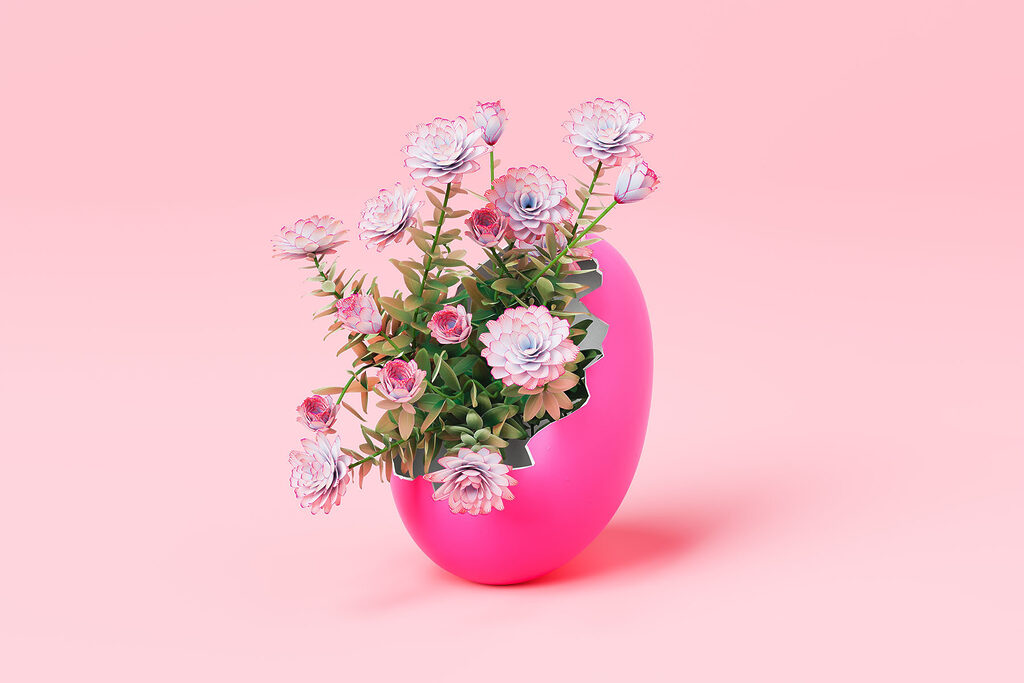 A pink egg with flowers inside