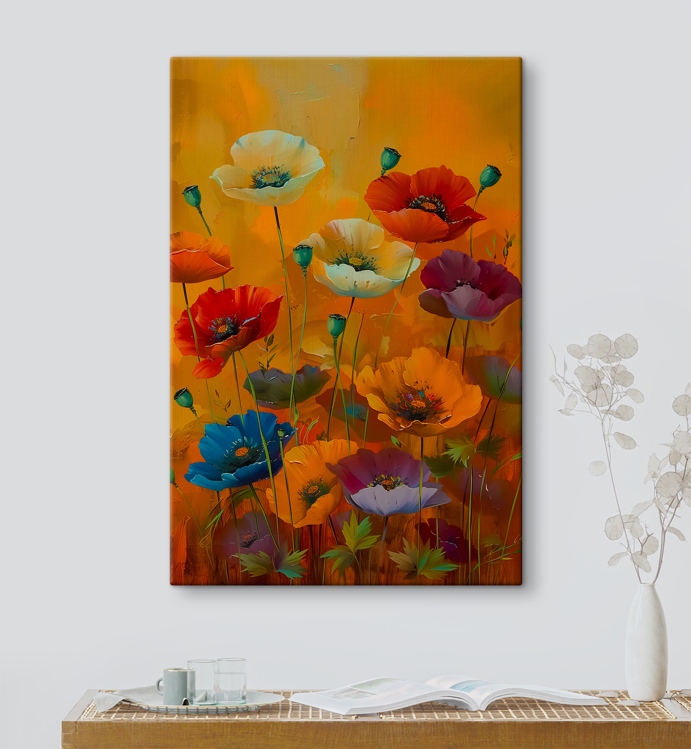 A painting of flowers on a yellow background