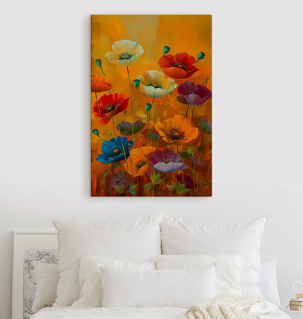 A painting of flowers on a yellow background