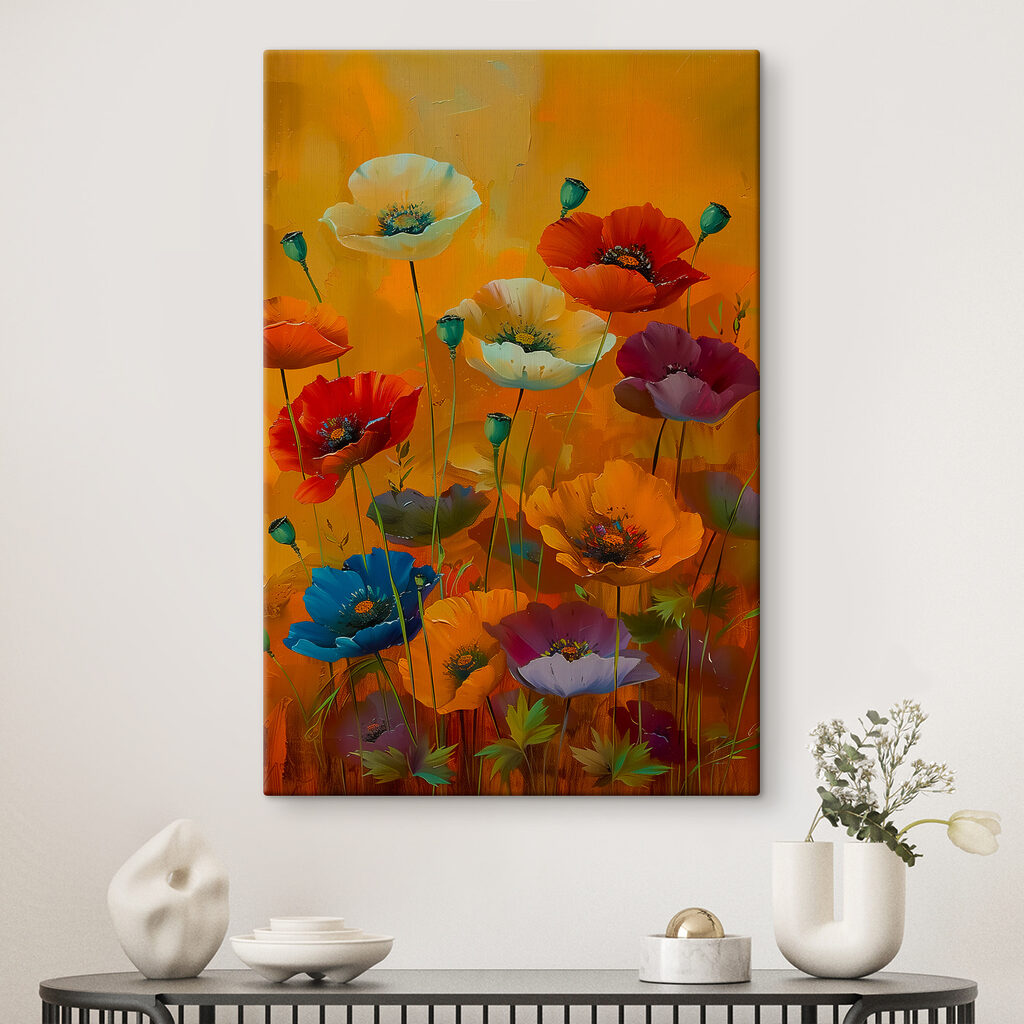 A painting of flowers on a yellow background