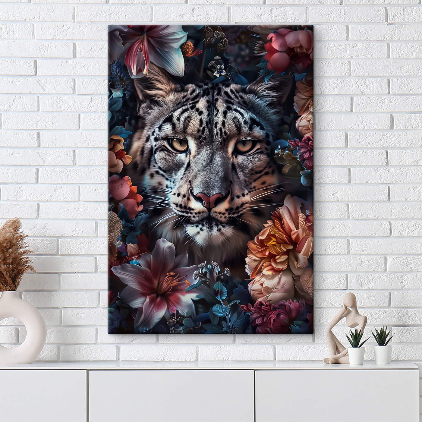 A leopard with flowers around it A leopard with flowers around it